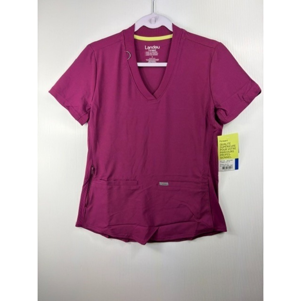 Landau Scrub Top S Women Wine Purple Rib Knit V-Neck Forward Moisture Wicking